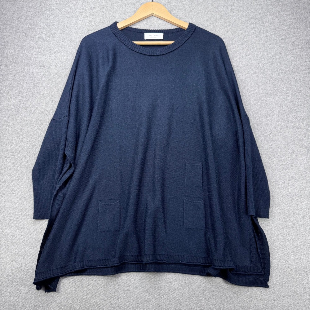Mersea Catalina Navy Blue Crew Oversized Pocket Sweater Coastal Minimalist OS